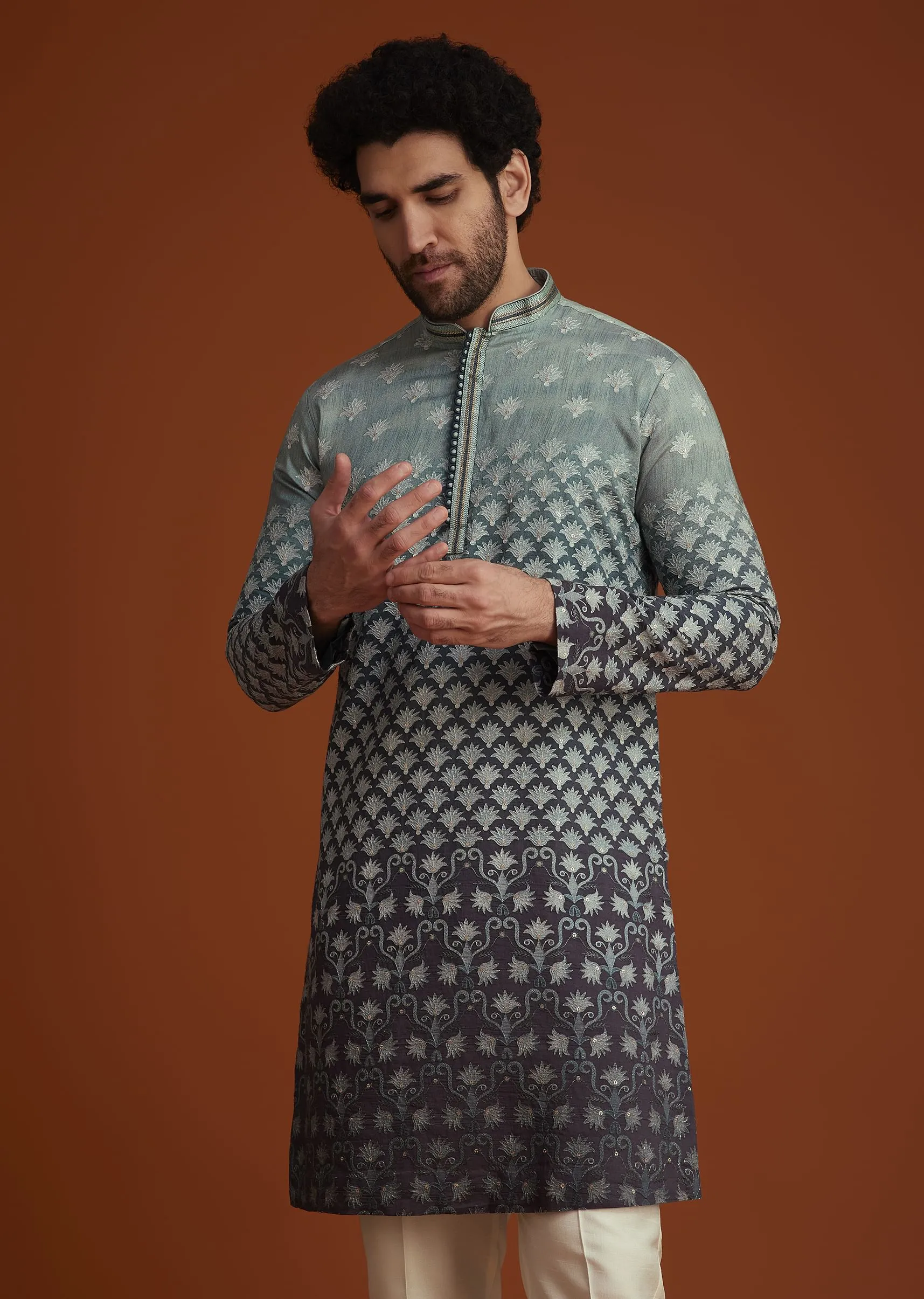 Grey Ombre Embroidered Kurta Pant Set