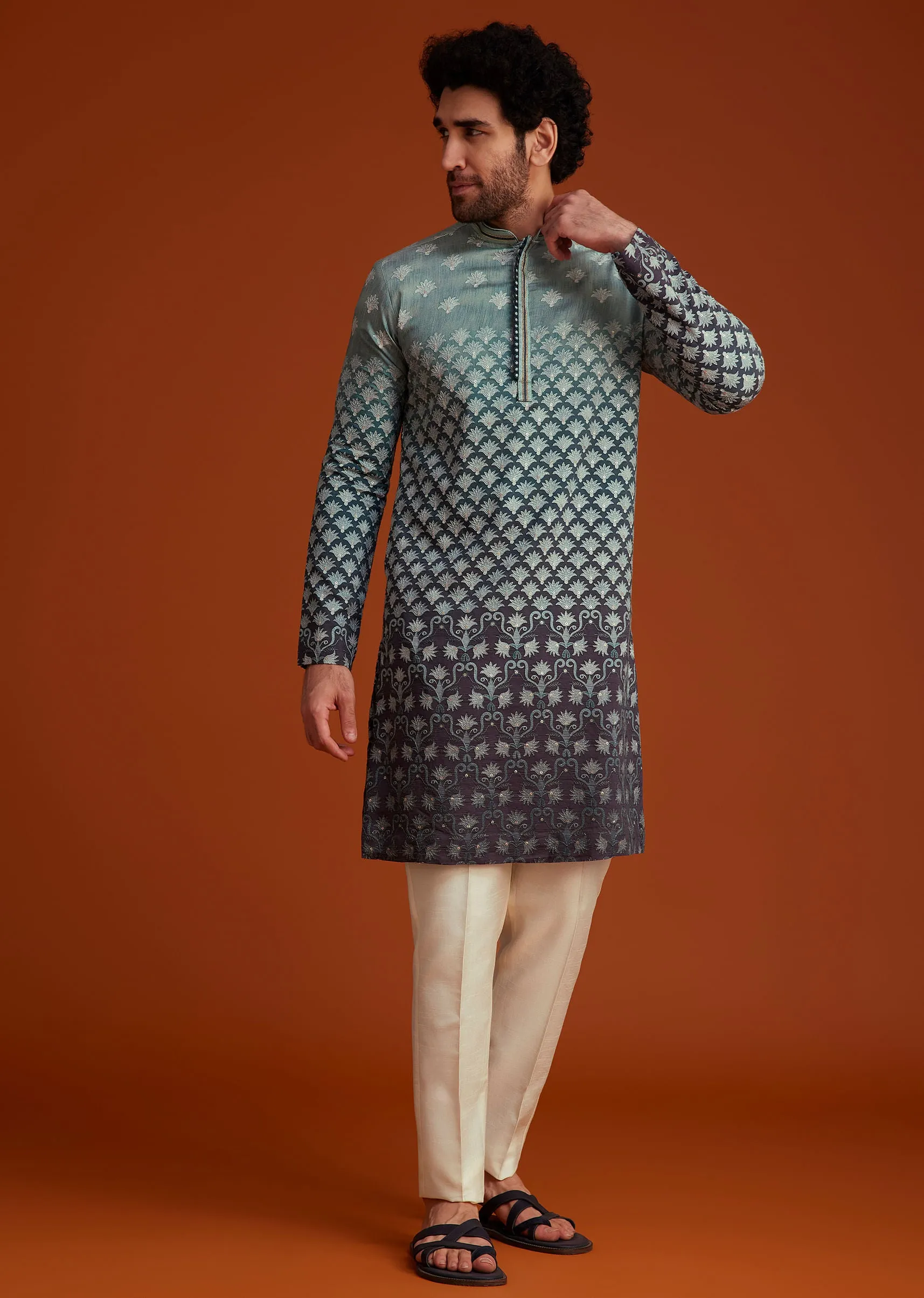 Grey Ombre Embroidered Kurta Pant Set