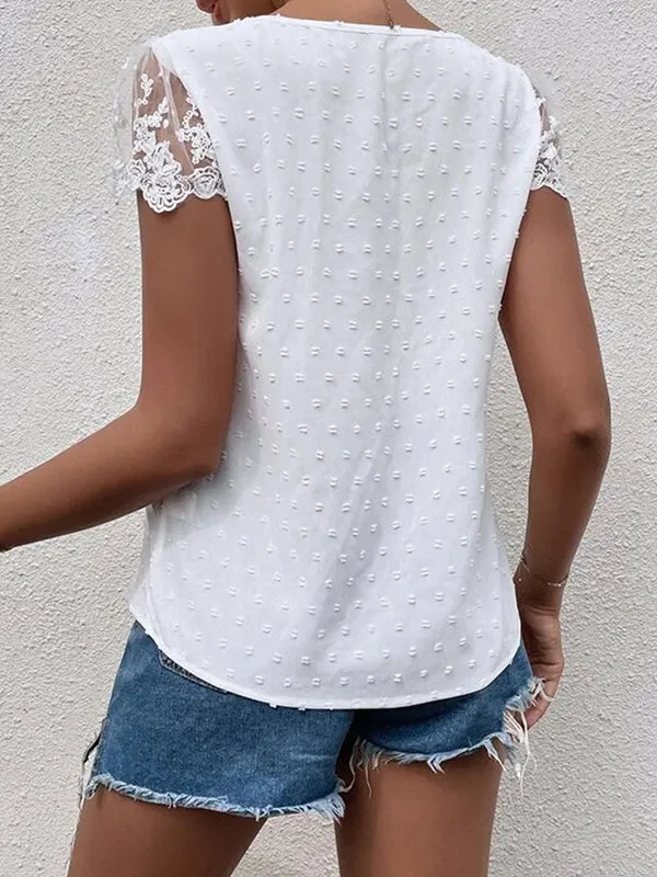 Jacquard Lacy Solid Color Cap Sleeve Loose V-neck Blouses&shirts Tops