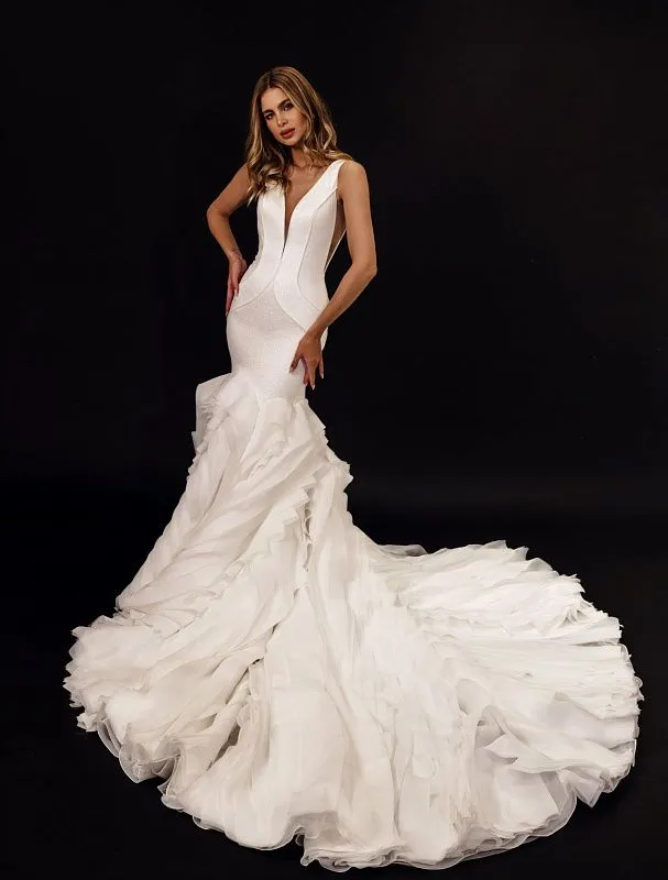 Layer Ruffle Mermaid Fishtail White Wedding Dress