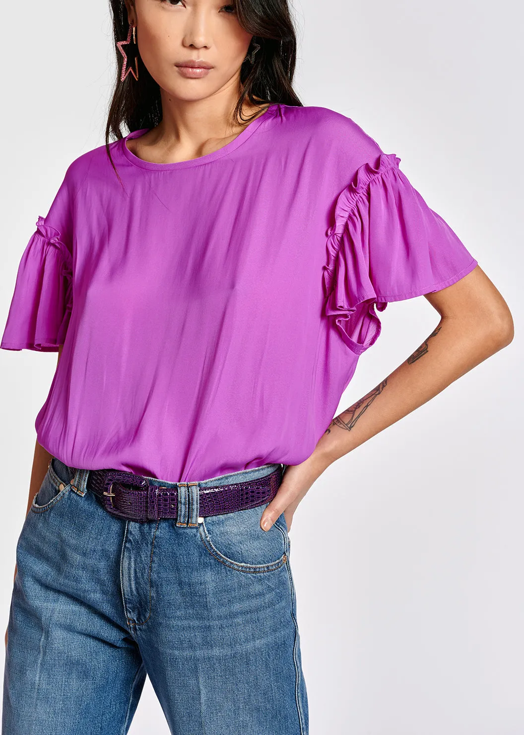 Lilac ruffled short-sleeve top
