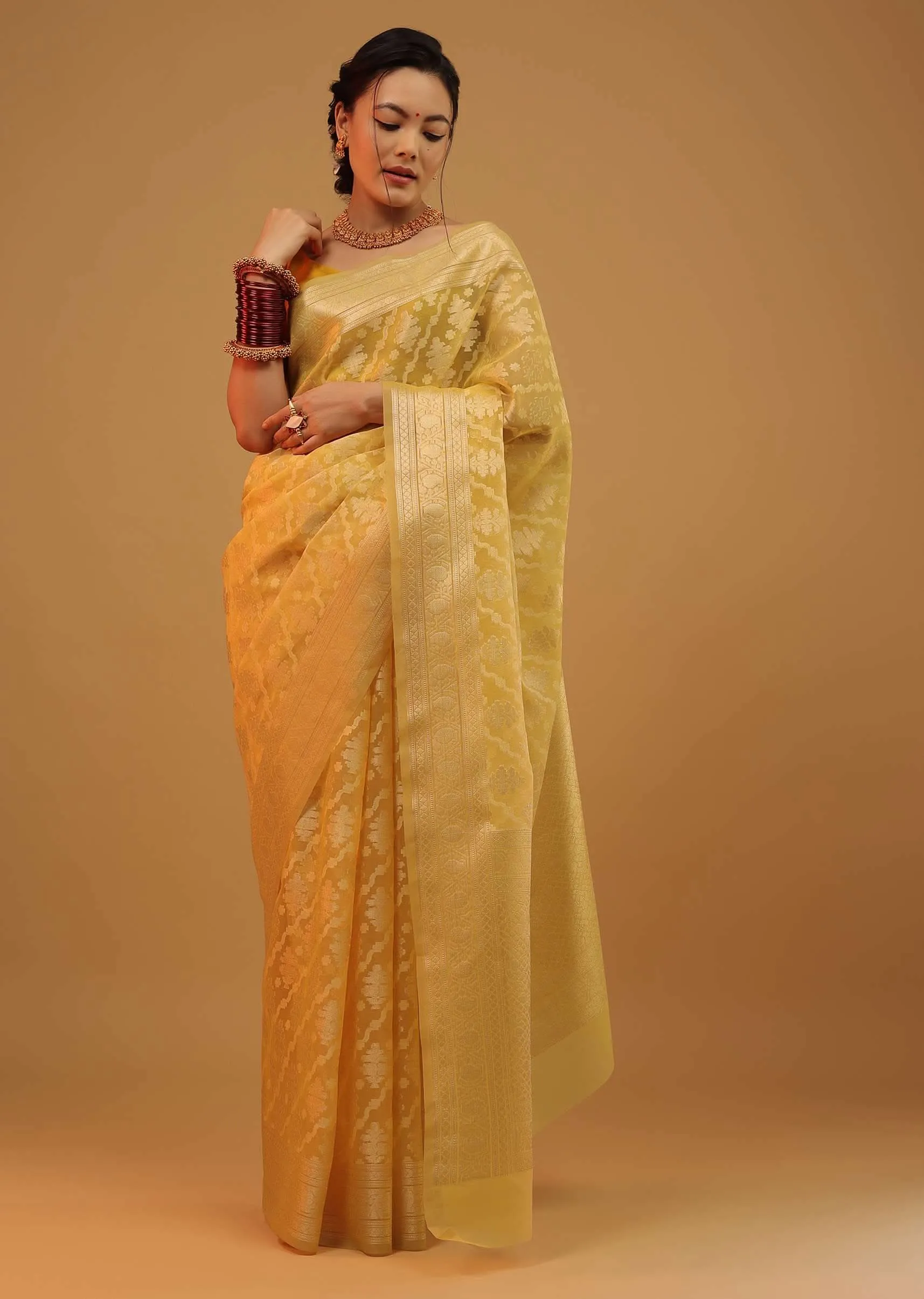 Marigold Yellow Saree In Cotton And Banarasi Chanderi Geometric Woven Pattern