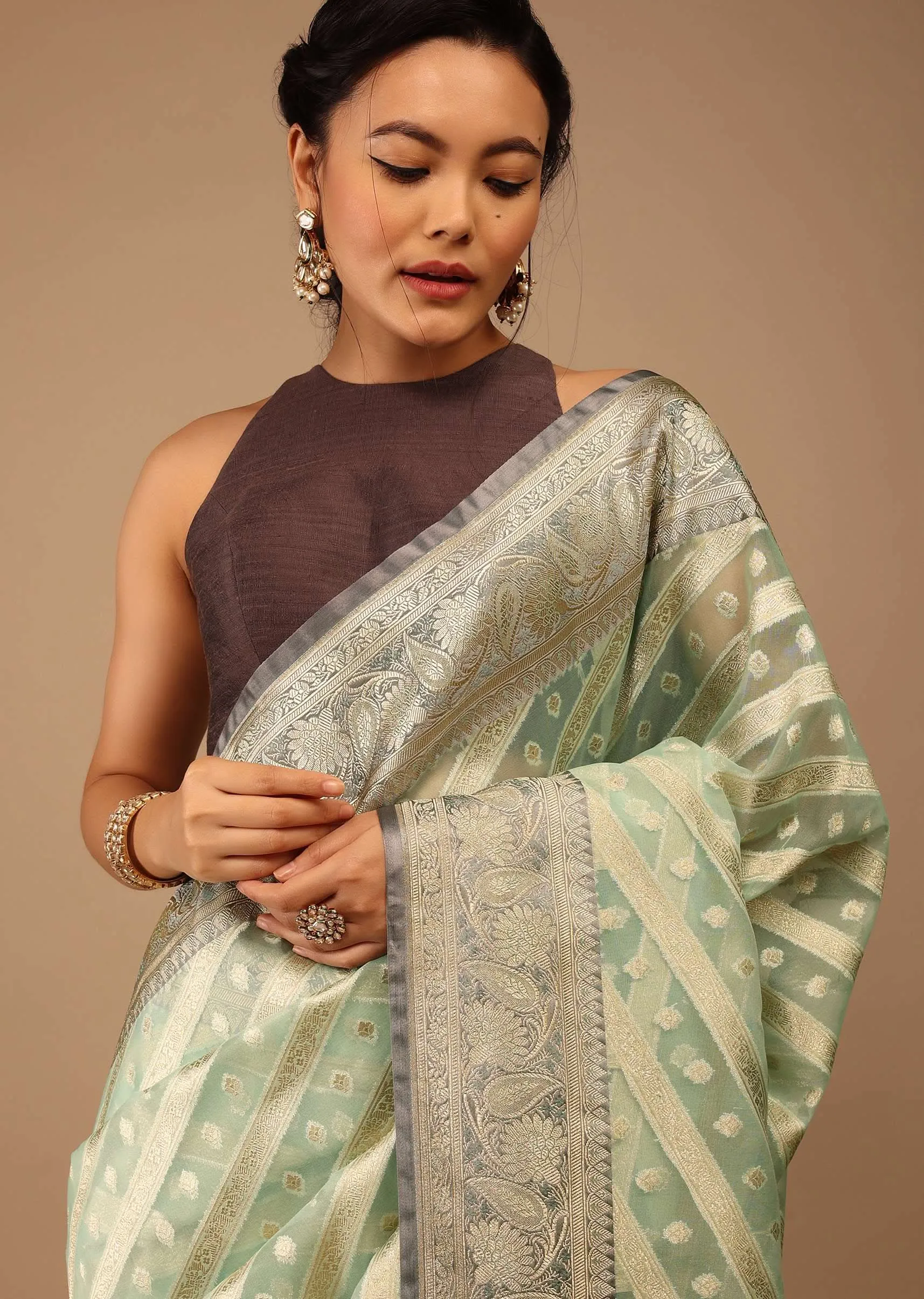 Mint Green Saree In Chanderi Tissue Handloom With Banarasi Chanderi Weaving