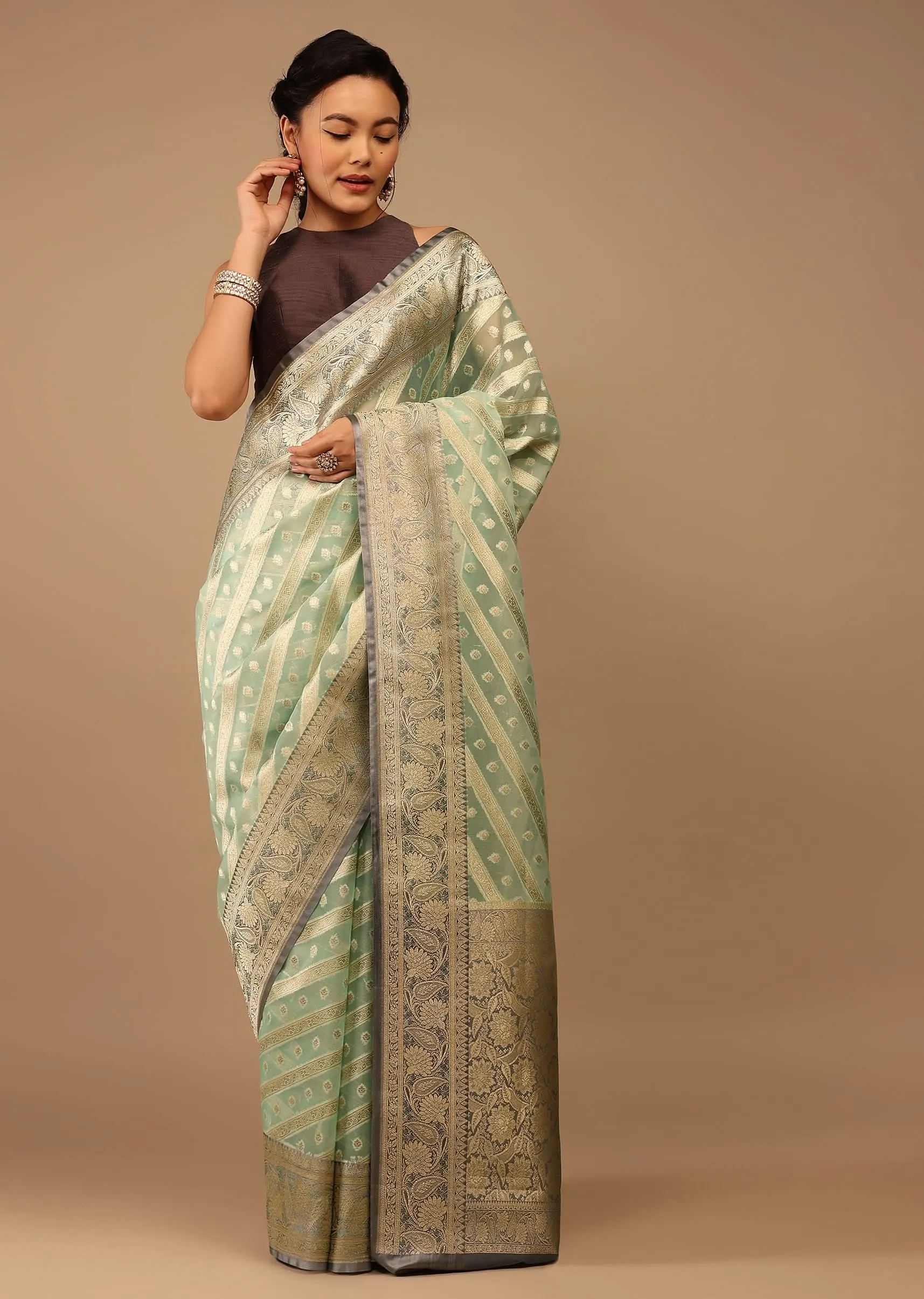 Mint Green Saree In Chanderi Tissue Handloom With Banarasi Chanderi Weaving