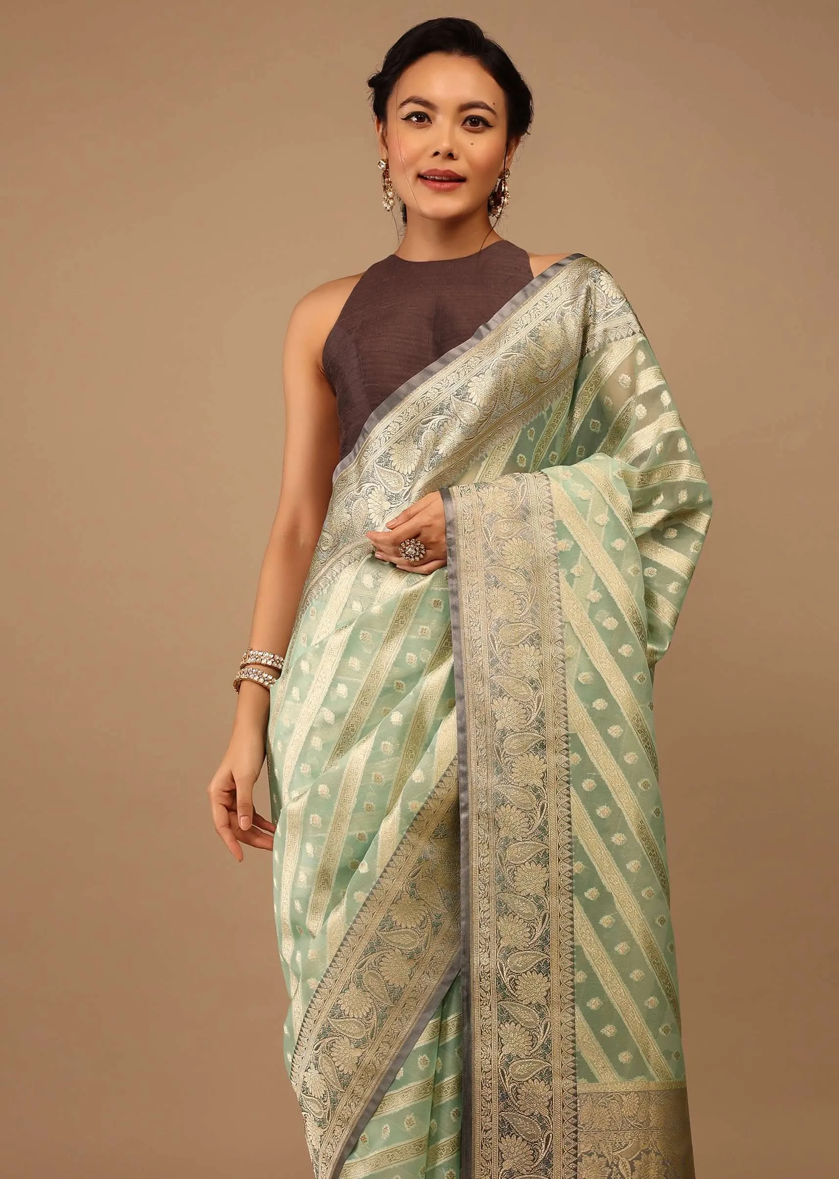 Mint Green Saree In Chanderi Tissue Handloom With Banarasi Chanderi Weaving