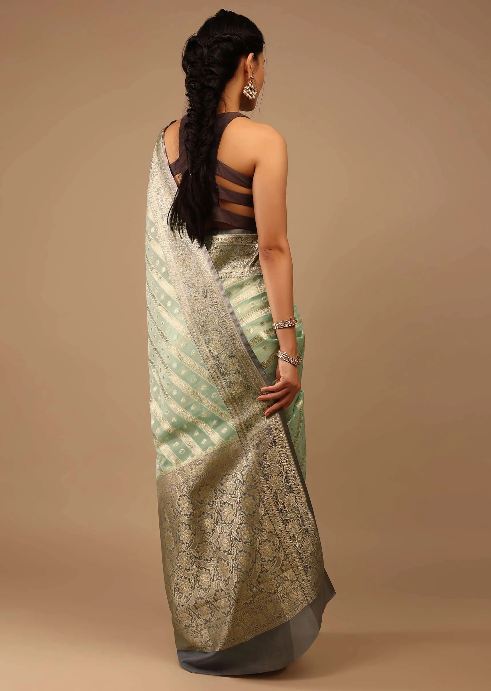 Mint Green Saree In Chanderi Tissue Handloom With Banarasi Chanderi Weaving