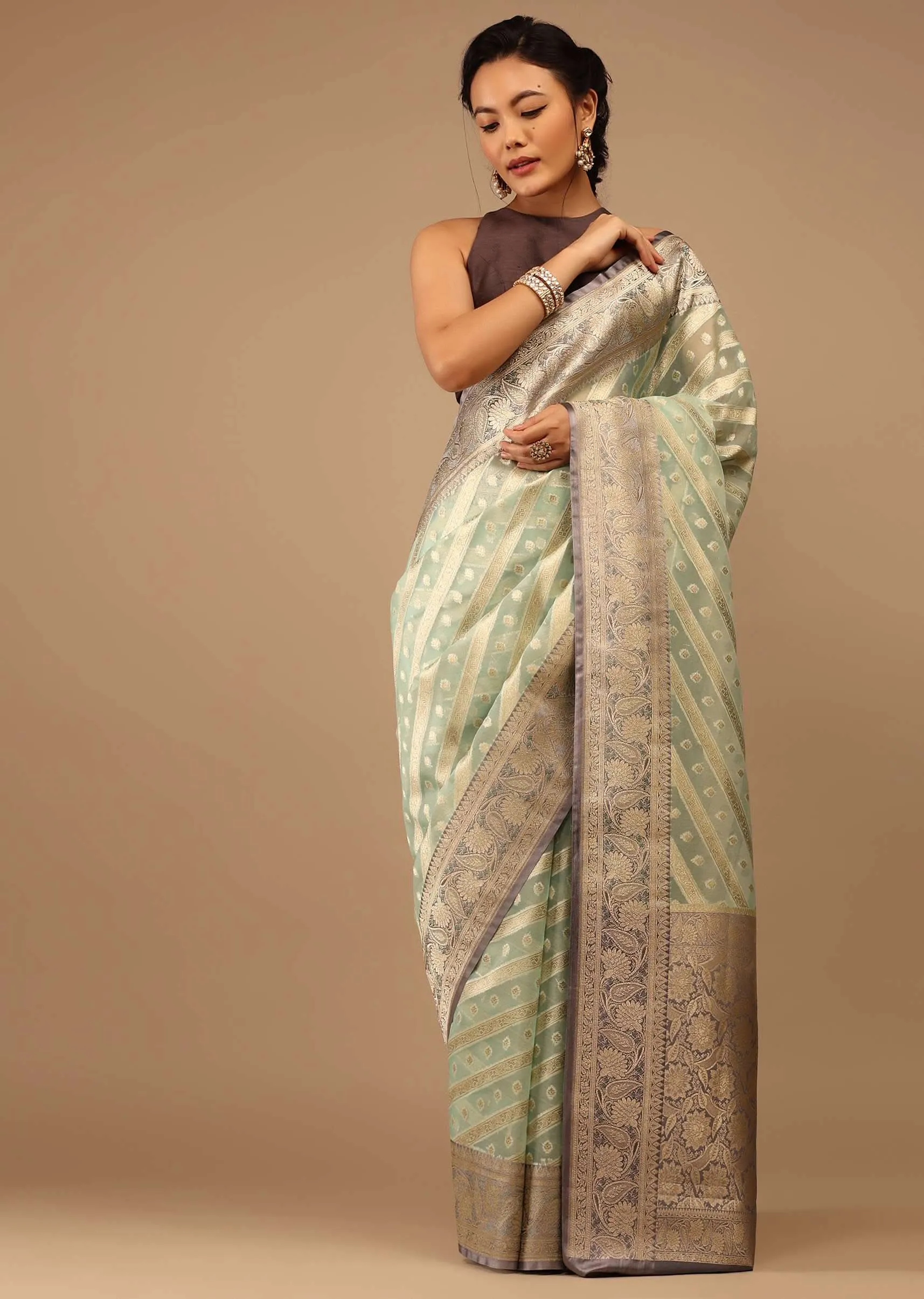 Mint Green Saree In Chanderi Tissue Handloom With Banarasi Chanderi Weaving
