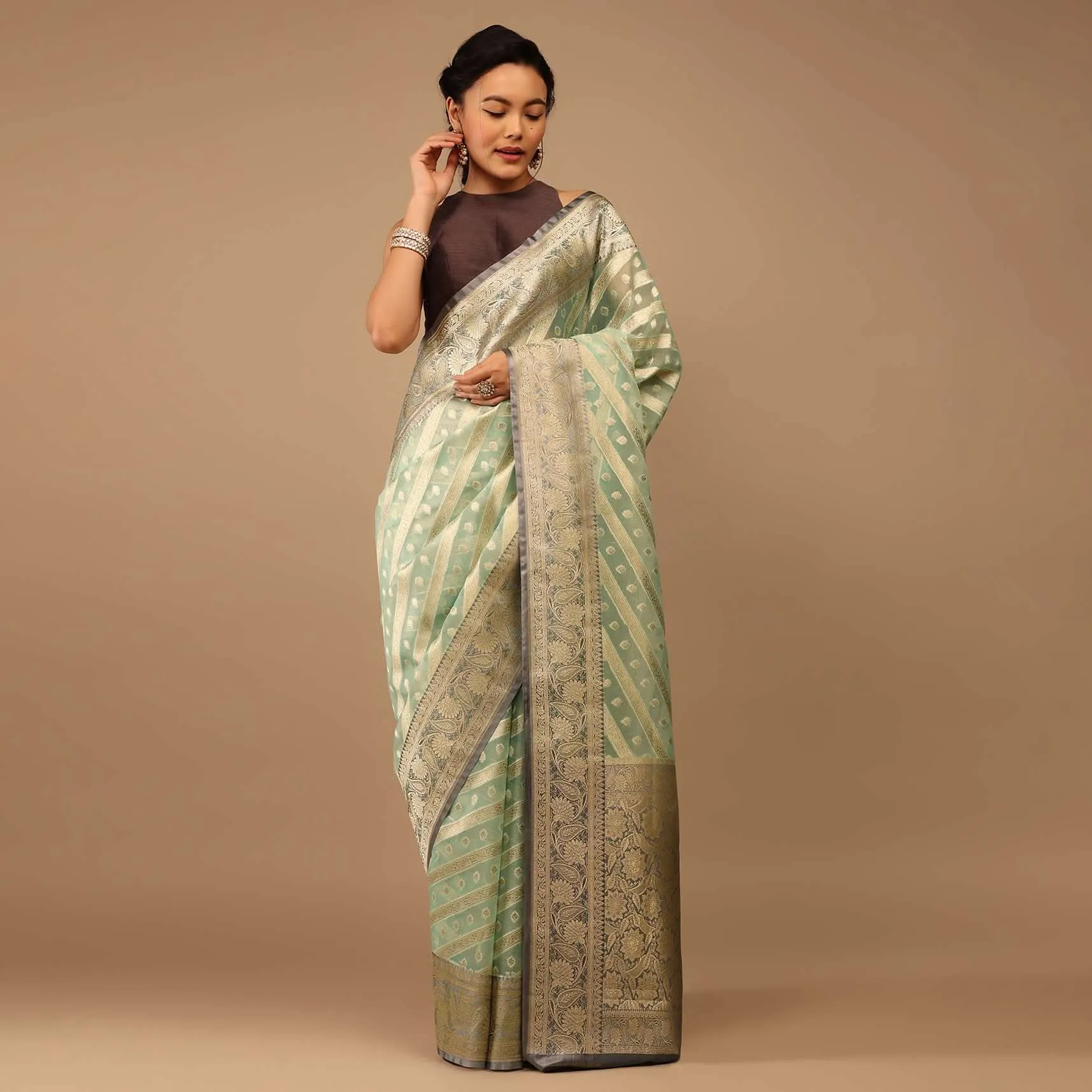 Mint Green Saree In Chanderi Tissue Handloom With Banarasi Chanderi Weaving