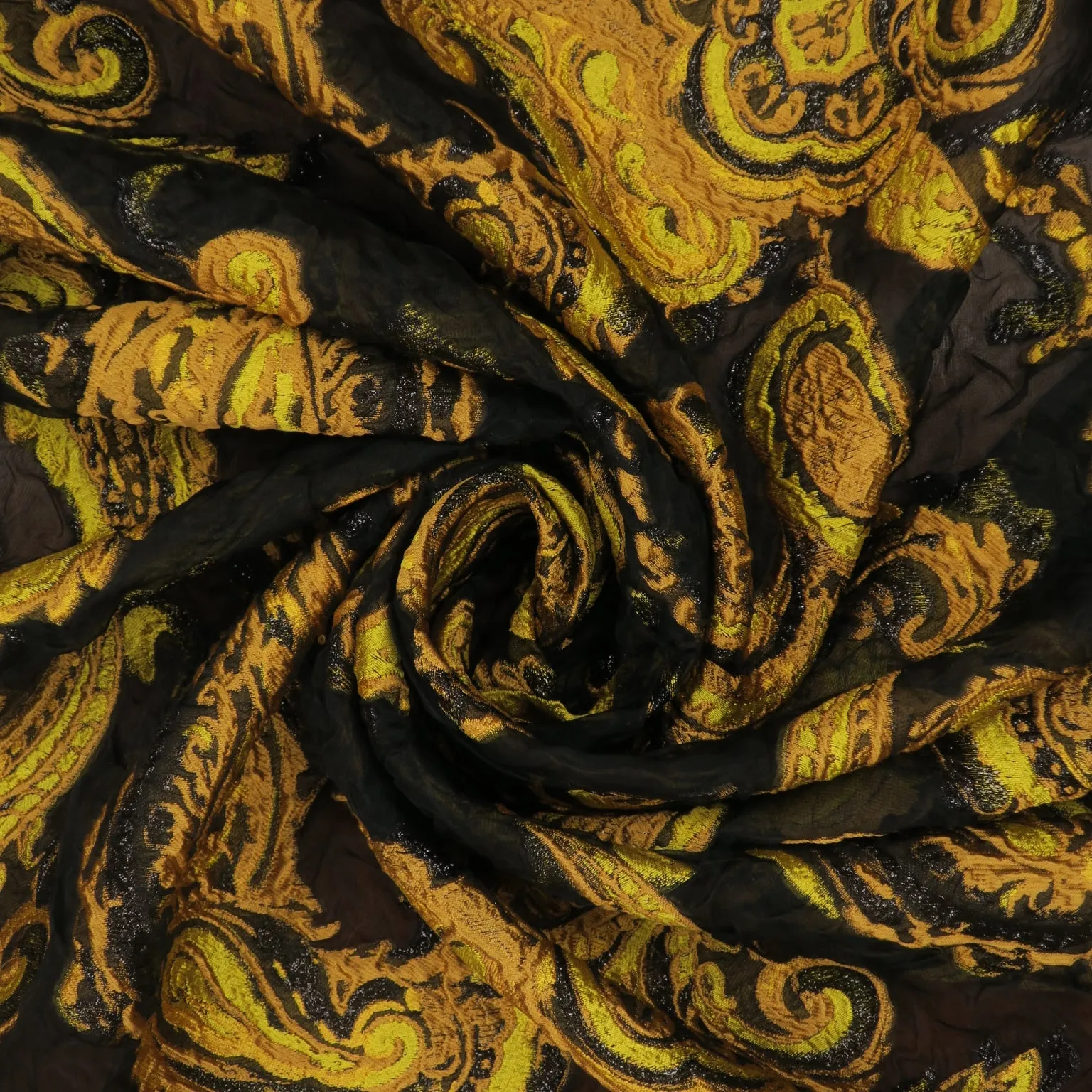 Mustard Abstract Paisleys on a Black Background Textured Brocade Fabric