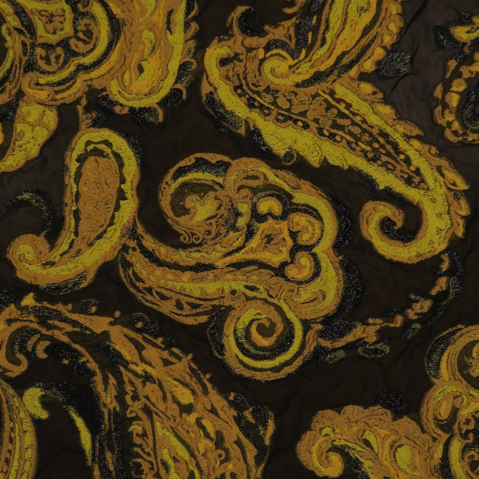 Mustard Abstract Paisleys on a Black Background Textured Brocade Fabric