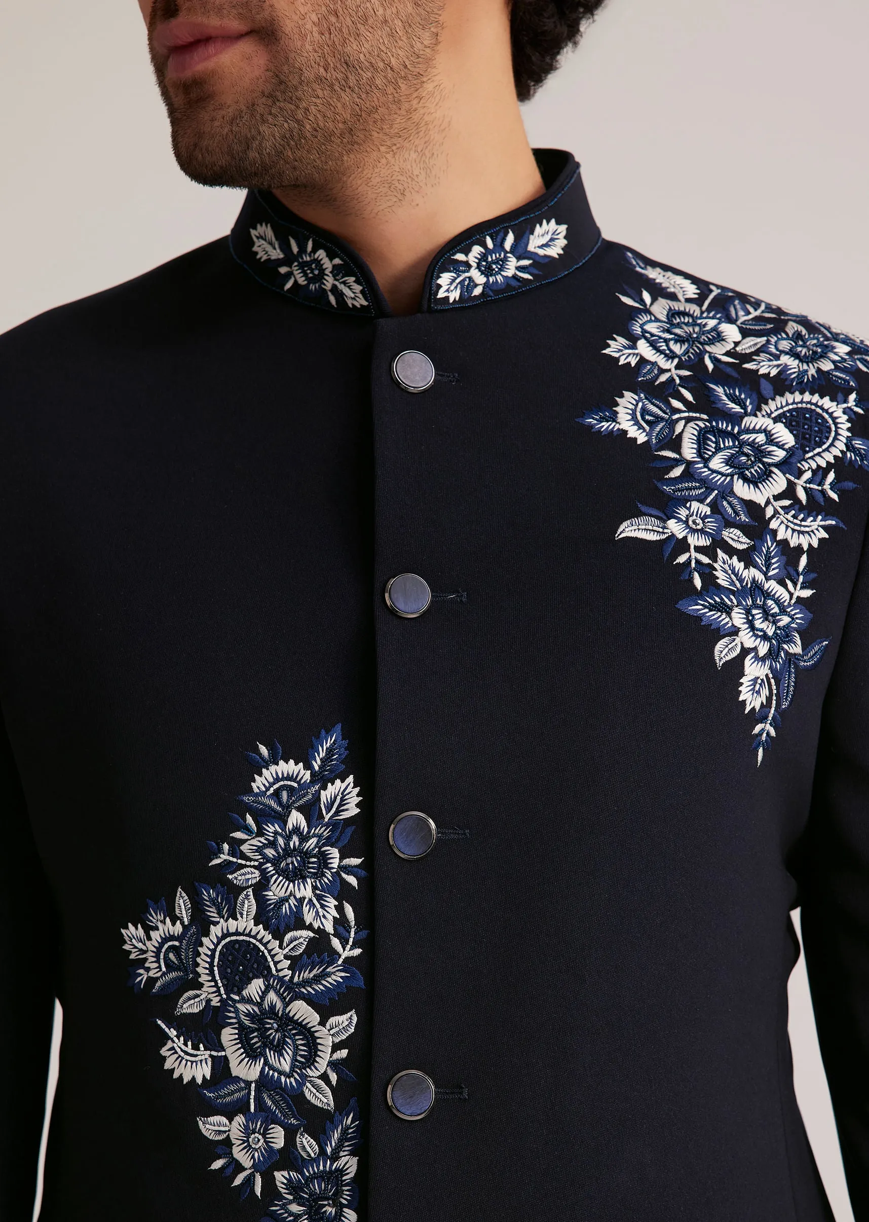 Navy Blue Embroidered Bandhgala Suit Kalki