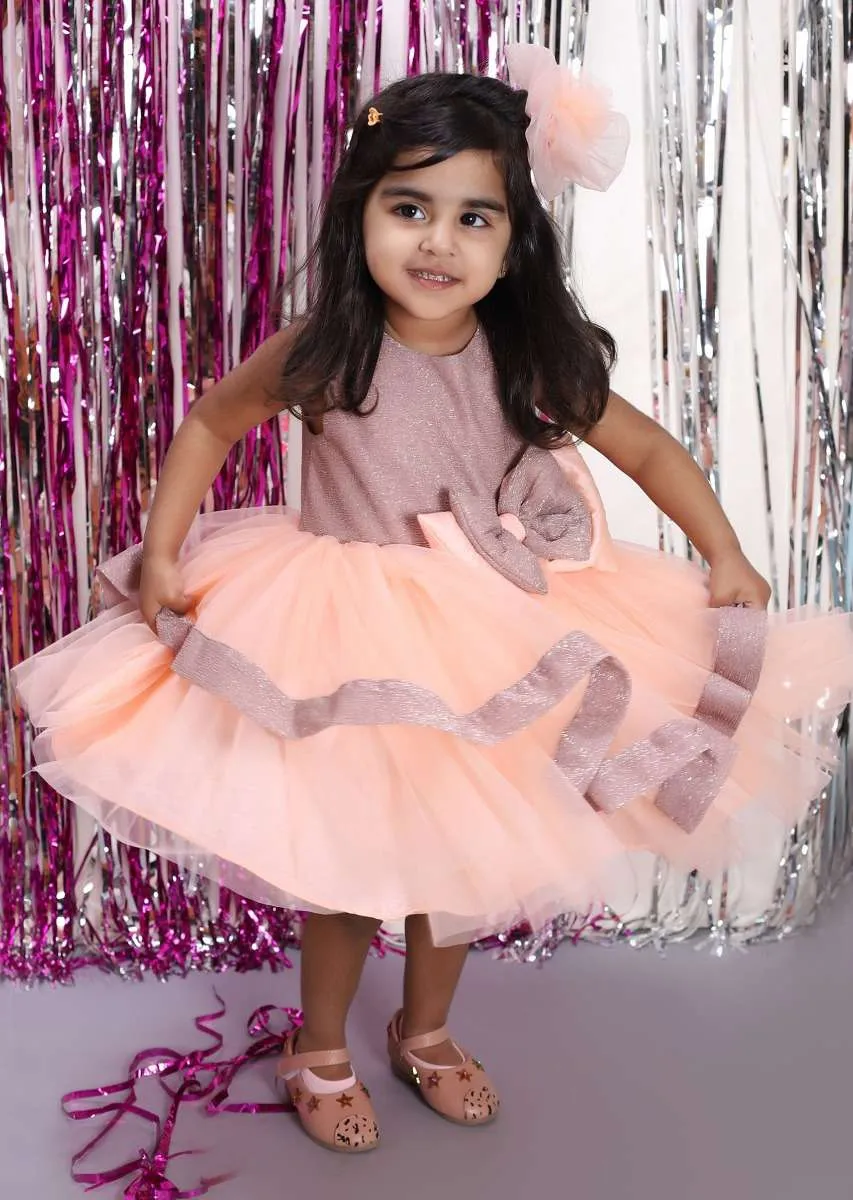 Peach Dress In Net With Layered Silhouette And Shimmer Bodice With Bow On The Waist Online - Kalki Fashion