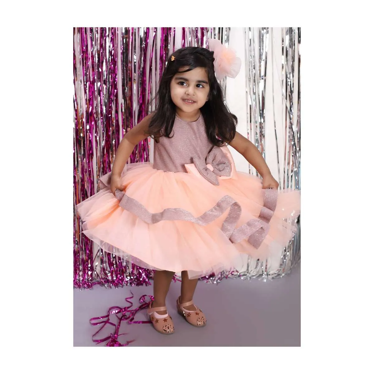 Peach Dress In Net With Layered Silhouette And Shimmer Bodice With Bow On The Waist Online - Kalki Fashion