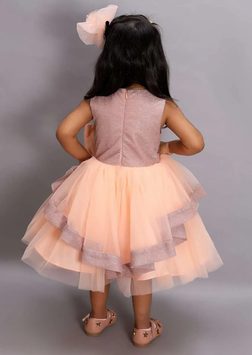 Peach Dress In Net With Layered Silhouette And Shimmer Bodice With Bow On The Waist Online - Kalki Fashion