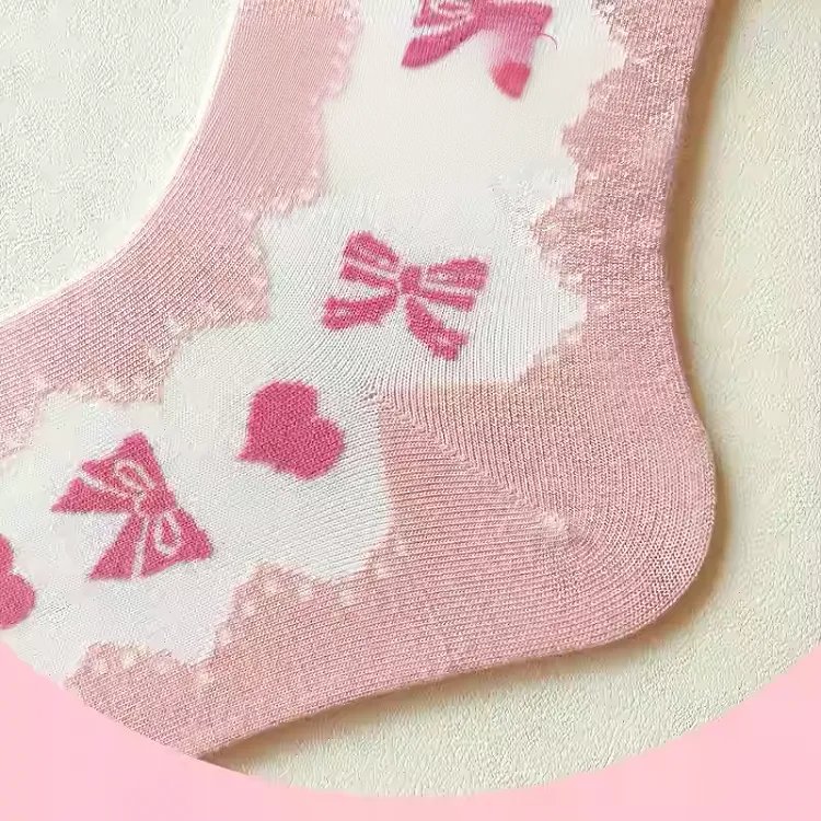 Pink Bow and Heart Pattern Ruffled Cuff Ankle Socks