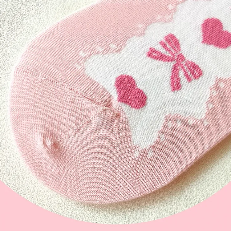 Pink Bow and Heart Pattern Ruffled Cuff Ankle Socks