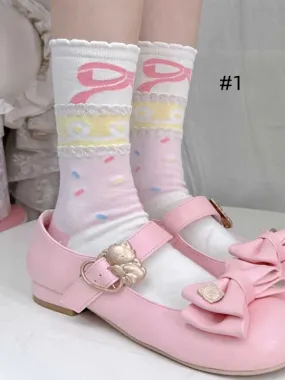 Ruffled Cuff Print Design Calf Socks
