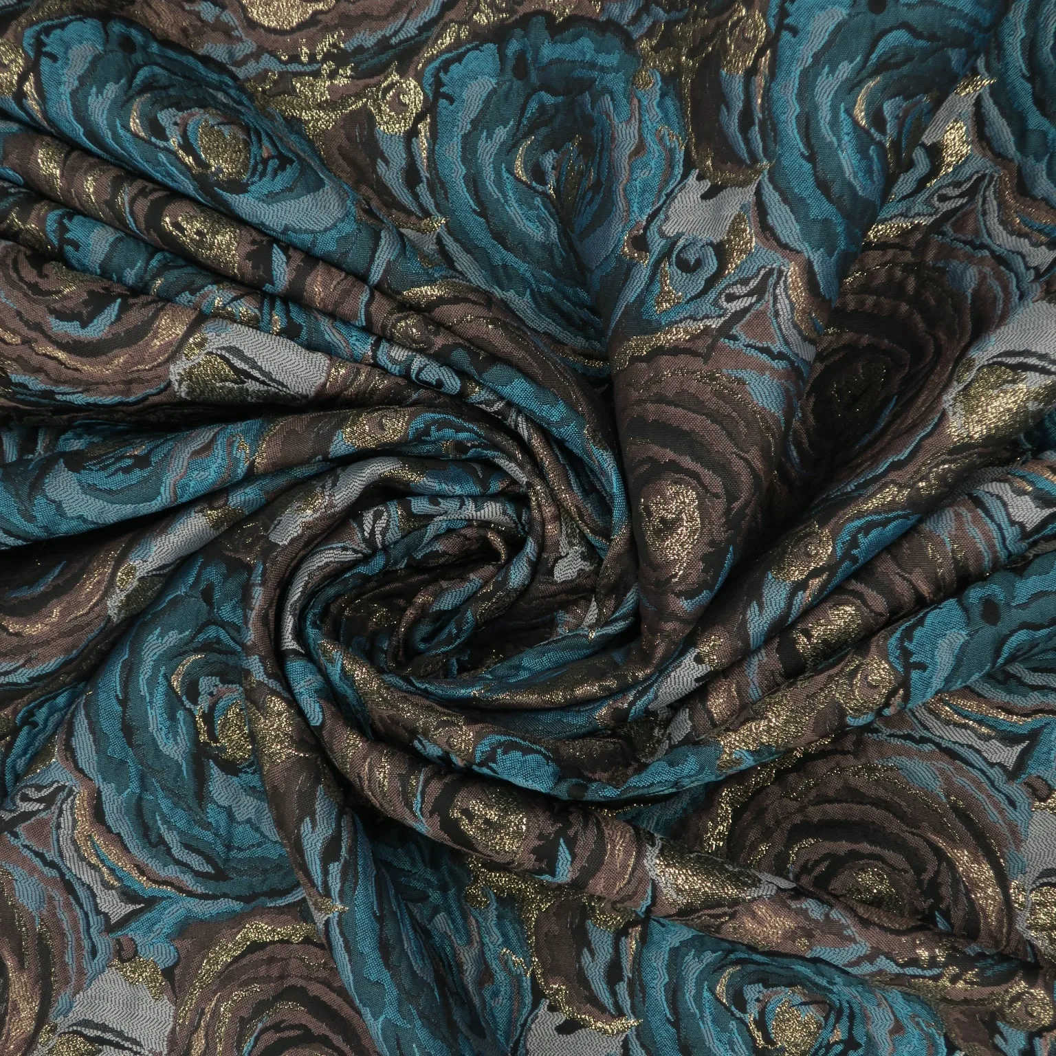 Turquoise and Gold Floral Textured Brocade Fabric