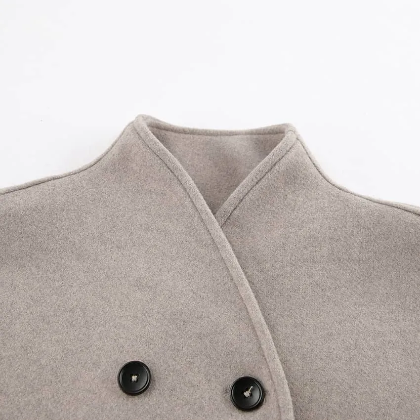 V-neck double-breasted woolen coat